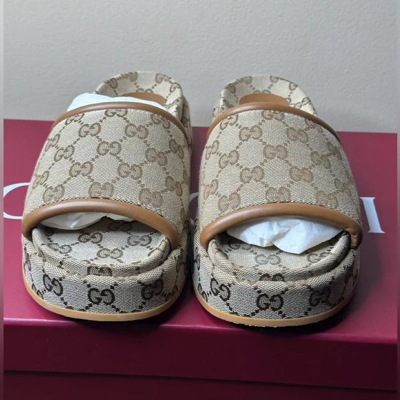 Gucci Gg Platform Women's Beige Monogram Slide Sandals - Picture 3 of 10